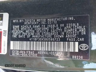 2011 Toyota Camry LE with VIN 4T1BF3EK5BU586723, listed as a IAAI auction lot 42244387 with 204,945 mi miles and . Bid and sale history available at DreamBid. Image 9.