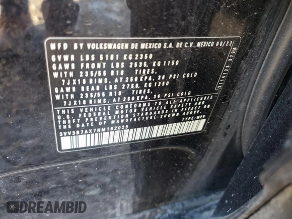 2022 Volkswagen Tiguan SE with VIN 3VV3B7AX7NM162029, listed as a Copart auction lot 49803065 with 11,407 mi miles and Salvage Title. Bid and sale history available at DreamBid. Image 15.