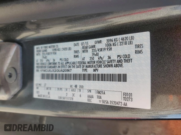 2016 Ford Escape Titanium with VIN 1FMCU0JX2GUA20567, listed as a Copart auction lot 48395825 with 209,786 mi miles and Clean Title. Bid and sale history available at carsss.com. Image 13.