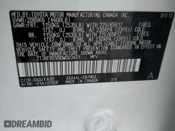 2013 Toyota RAV4 XLE with VIN 2T3RFREV9DW003401, listed as a Copart auction lot 49673955 with Not provided miles and Salvage title. Bid and sale history available at DreamBid. Image 14.