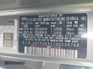 2017 Kia Sorento EX with VIN 5XYPH4A57HG228768, listed as a IAAI auction lot 42170840 with 125,420 mi miles and . Bid and sale history available at carsss.com. Image 9.