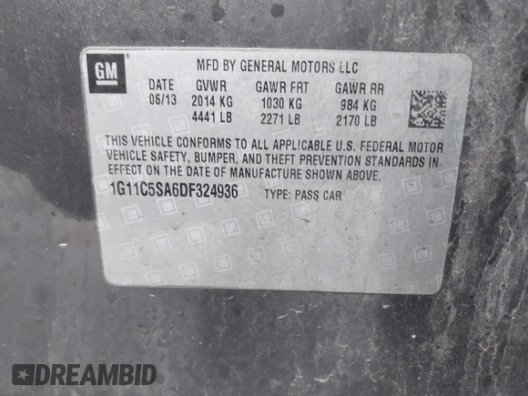 2013 Chevrolet Malibu LT with VIN 1G11C5SA6DF324936, listed as a IAAI auction lot 42079028 with Not Provided miles and . Bid and sale history available at DreamBid. Image 9.