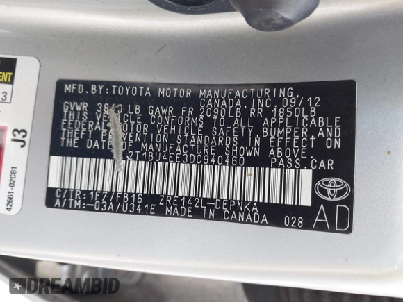 2013 Toyota Corolla L with VIN 2T1BU4EE3DC940460, listed as a IAAI auction lot 42155611 with 92,992 mi miles and . Bid and sale history available at carsss.com. Image 9.