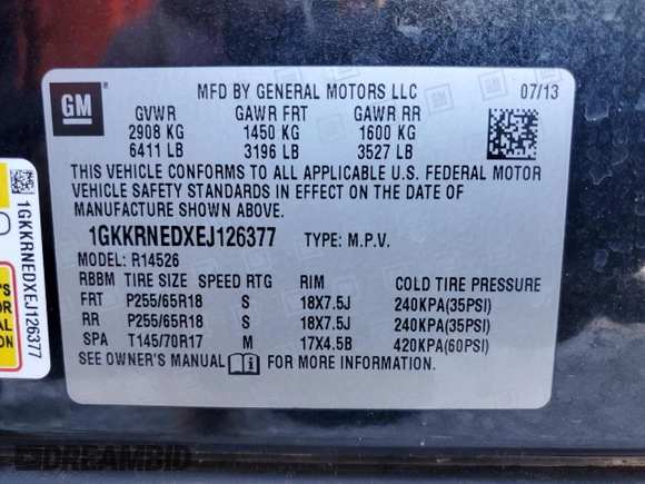 2014 GMC Acadia SLE with VIN 1GKKRNEDXEJ126377, listed as a Copart auction lot 53055365 with 156,866 mi miles and Clean Title. Bid and sale history available at carsss.com. Image 13.