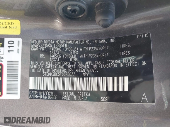 2015 Toyota Sienna LE AAS with VIN 5TDKK3DC5FS575077, listed as a IAAI auction lot 41941483 with 134,265 mi miles. Bid and sale history available at carsss.com. Image 9.