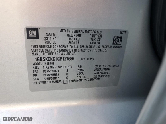 2016 Chevrolet Tahoe LTZ with VIN 1GNSKCKC1GR127686, listed as a Copart auction lot 58116154 with 100,722 mi miles and Salvage Title. Bid and sale history available at carsss.com. Image 15.