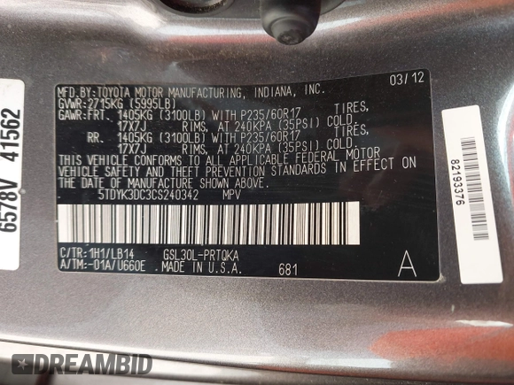 2012 Toyota Sienna XLE AAS z VIN 5TDYK3DC3CS240342, wystawiony jako IAAI lot #42172125 z przebiegiem 244 483 mil mil oraz . Historia ofert i sprzedaży dostępna na DreamBid. Obrazek 9.