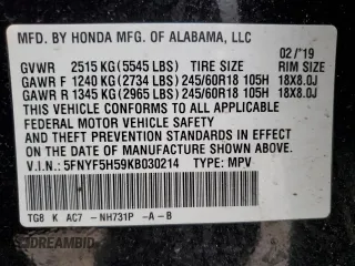 2019 Honda Pilot EX-L with VIN 5FNYF5H59KB030214, listed as a Copart auction lot 50930745 with 177,859 mi miles and Salvage title. Bid and sale history available at DreamBid. Image 16.