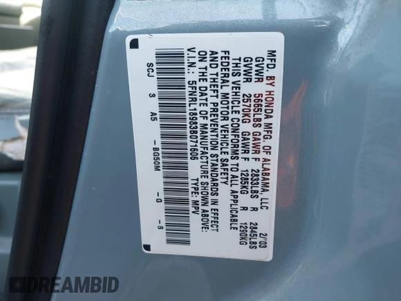 2003 Honda Odyssey EX-L with VIN 5FNRL18983B071606, listed as a IAAI auction lot 41783246 with 271,028 mi miles and . Bid and sale history available at DreamBid. Image 9.