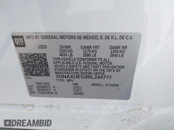 2024 Chevrolet Equinox LT with VIN 3GNAXUEG3RL244777, listed as a IAAI auction lot 42067815 with 14,724 mi miles. Bid and sale history available at carsss.com. Image 9.