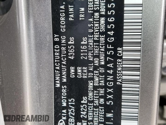 2015 Kia Optima EX with VIN 5XXGN4A75FG456554, listed as a Copart auction lot 58704005 with 114,146 mi miles and Salvage title. Bid and sale history available at DreamBid. Image 12.