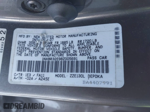 2008 Toyota Corolla CE with VIN 1NXBR32E98Z005691, listed as a IAAI auction lot 41333109 with 273,620 mi miles and . Bid and sale history available at DreamBid. Image 9.