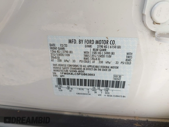 2023 Ford Explorer King Ranch z VIN 1FM5K8LC5PGB63003, wystawiony jako IAAI lot #41951954 z przebiegiem Nie podano mil oraz . Historia ofert i sprzedaży dostępna na DreamBid. Obrazek 9.
