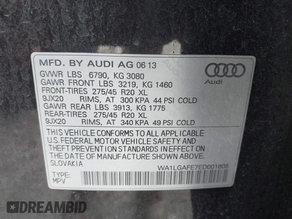 2014 Audi Q7 Premium Plus with VIN WA1LGAFE7ED001805, listed as a IAAI auction lot 42424693 with 92,720 mi miles and . Bid and sale history available at DreamBid. Image 9.