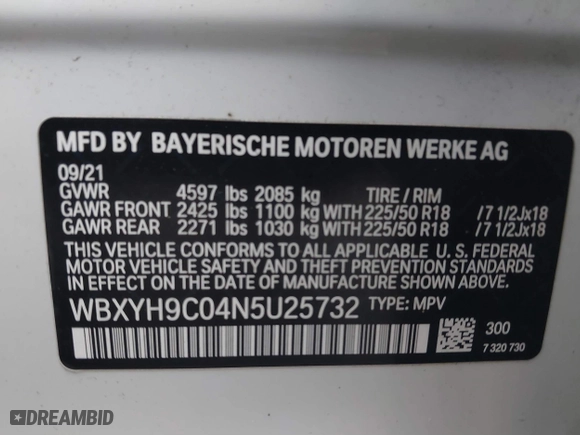 2022 BMW X2 sDrive28i with VIN WBXYH9C04N5U25732, listed as a IAAI auction lot 41015169 with 65,526 mi miles. Bid and sale history available at carsss.com. Image 9.
