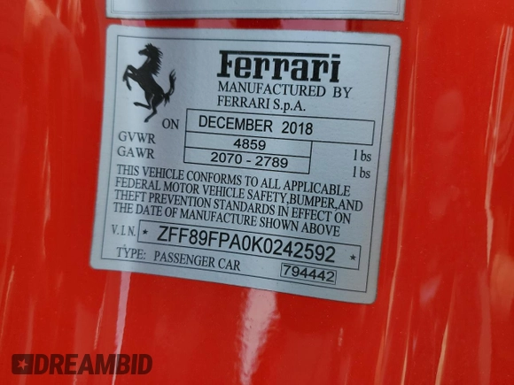 2019 Ferrari Portofino z VIN ZFF89FPA0K0242592, wystawiony jako Copart lot #74249014 z przebiegiem Nie podano mil oraz Nie do naprawy. Historia ofert i sprzedaży dostępna na DreamBid. Obrazek 13.