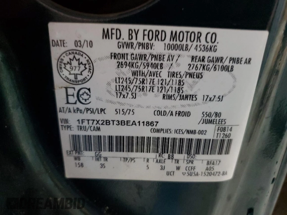 2011 Ford F-250 XL with VIN 1FT7X2BT3BEA11867, listed as a Copart auction lot 82906164 with 206,888 mi miles and Salvage Title. Bid and sale history available at DreamBid. Image 14.