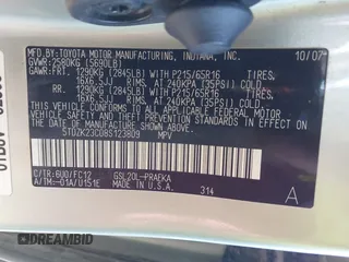2008 Toyota Sienna CE with VIN 5TDZK23C08S123809, listed as a IAAI auction lot 41806031 with 108,400 mi miles and . Bid and sale history available at carsss.com. Image 9.