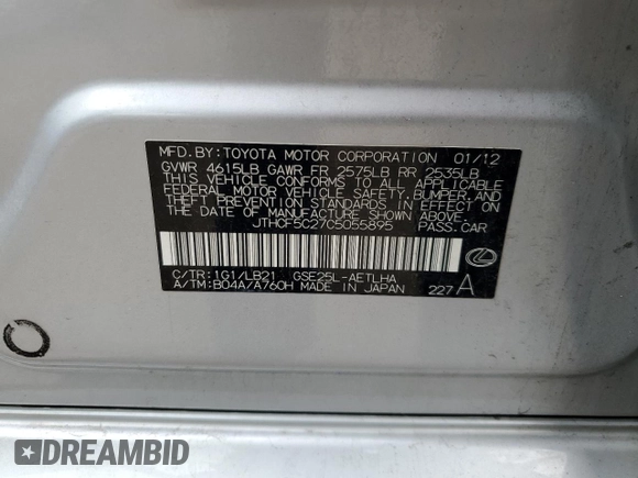 2012 Lexus IS 250 z VIN JTHCF5C27C5055895, wystawiony jako Copart lot #60175615 z przebiegiem 280 510 mil mil oraz Szkoda całkowita • Salvage title. Historia ofert i sprzedaży dostępna na DreamBid. Obrazek 14.