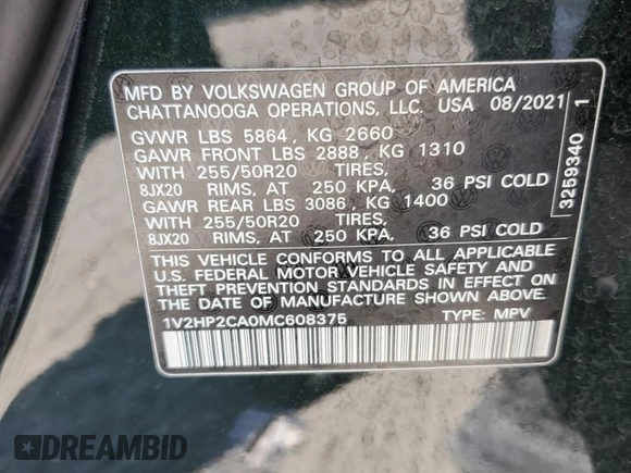 2021 Volkswagen Atlas SE z VIN 1V2HP2CA0MC608375, wystawiony jako Copart lot #56073325 z przebiegiem 38 240 mil mil oraz Szkoda całkowita • Salvage title. Historia ofert i sprzedaży dostępna na DreamBid. Obrazek 13.