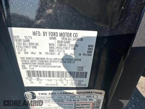 2013 Ford F-150 XL with VIN 1FTMF1CM7DFE09796, listed as a Copart auction lot 88993205 with 67,872 mi miles and Clean title. Bid and sale history available at DreamBid. Image 10.