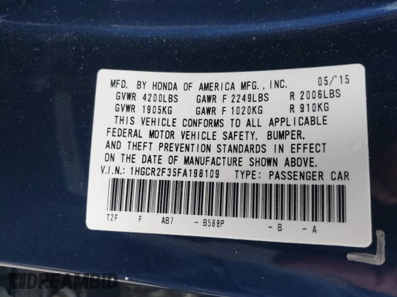 2015 Honda Accord LX with VIN 1HGCR2F35FA198109, listed as a IAAI auction lot 40899343 with Not Provided miles. Bid and sale history available at carsss.com. Image 9.