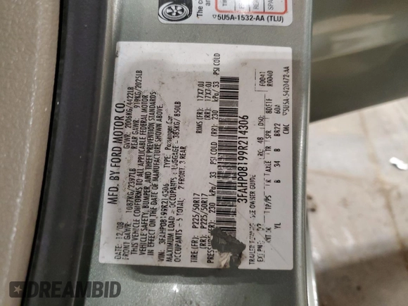 2009 Ford Fusion SEL with VIN 3FAHP08199R214306, listed as a Copart auction lot 52972715 with 230,255 mi miles and Non Repairable. Bid and sale history available at DreamBid. Image 12.