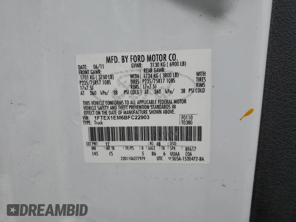 2011 Ford F-150 XL with VIN 1FTEX1EM6BFC22903, listed as a Copart auction lot 61873335 with 189,951 mi miles and Clean title. Bid and sale history available at DreamBid. Image 12.