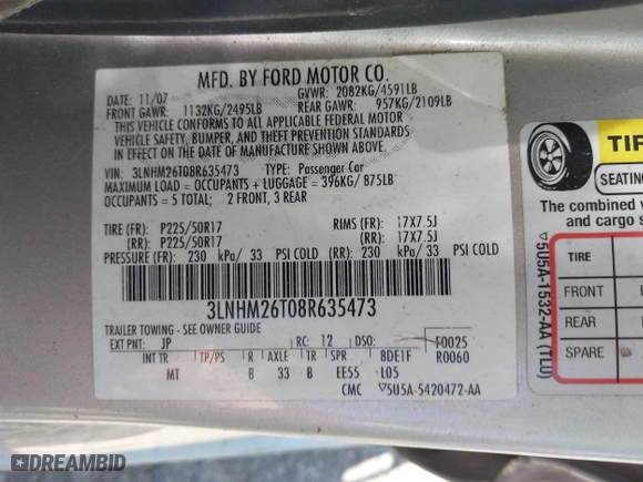 2008 Lincoln MKZ with VIN 3LNHM26T08R635473, listed as a IAAI auction lot 39251303 with 140,875 mi miles. Bid and sale history available at carsss.com. Image 9.
