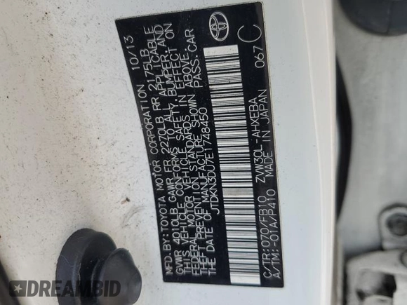 2014 Toyota Prius Four with VIN JTDKN3DU7E1748450, listed as a Copart auction lot 48019345 with 190,006 mi miles and Salvage Title. Bid and sale history available at carsss.com. Image 12.