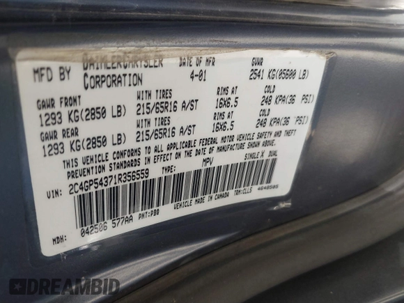 2001 Chrysler Town & Country with VIN 2C4GP54371R356559, listed as a IAAI auction lot 41731368 with 195,903 mi miles and . Bid and sale history available at DreamBid. Image 9.