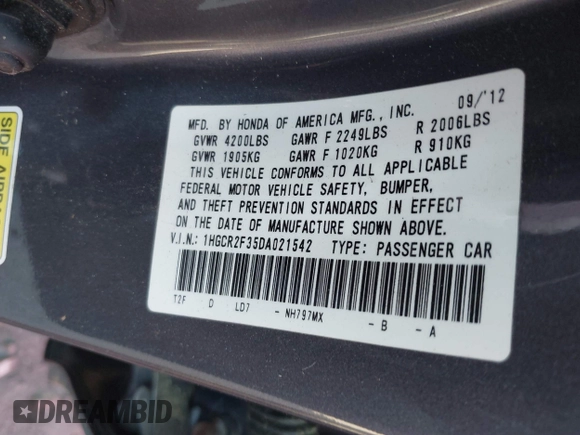 2013 Honda Accord LX z VIN 1HGCR2F35DA021542, wystawiony jako IAAI lot #42274123 z przebiegiem Nie podano mil oraz . Historia ofert i sprzedaży dostępna na DreamBid. Obrazek 9.