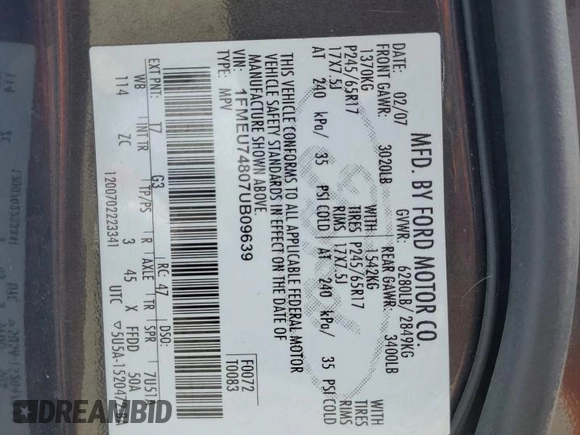 2007 Ford Explorer Eddie Bauer with VIN 1FMEU74807UB09639, listed as a Copart auction lot 59800075 with 195,294 mi miles and Salvage title. Bid and sale history available at DreamBid. Image 13.