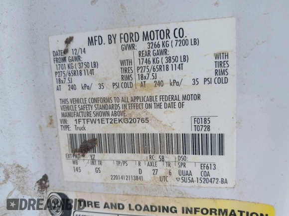2014 Ford F-150 XL z VIN 1FTFW1ET2EKG20765, wystawiony jako IAAI lot #42356006 z przebiegiem Nie podano mil oraz . Historia ofert i sprzedaży dostępna na DreamBid. Obrazek 9.