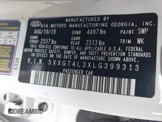 2020 Kia Optima LX with VIN 5XXGT4L3XLG399313, listed as a IAAI auction lot 41656479 with 82,960 mi miles. Bid and sale history available at carsss.com. Image 9.