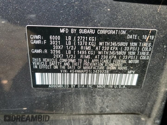 2020 Subaru Ascent Limited с VIN 4S4WMAPD1L3429238, выставлен на аукционе Copart как лот 55968805 с пробегом 111 285 миль миль и Списание • Salvage title. История ставок и продаж доступна на DreamBid. Изображение 12.