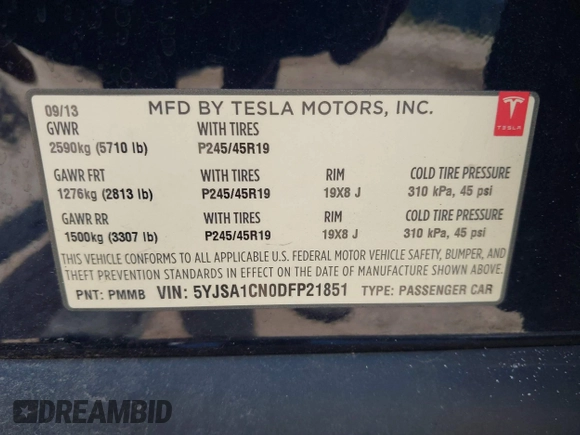 2013 Tesla Model S with VIN 5YJSA1CN0DFP21851, listed as a IAAI auction lot 42557791 with 106,328 mi miles and . Bid and sale history available at DreamBid. Image 9.