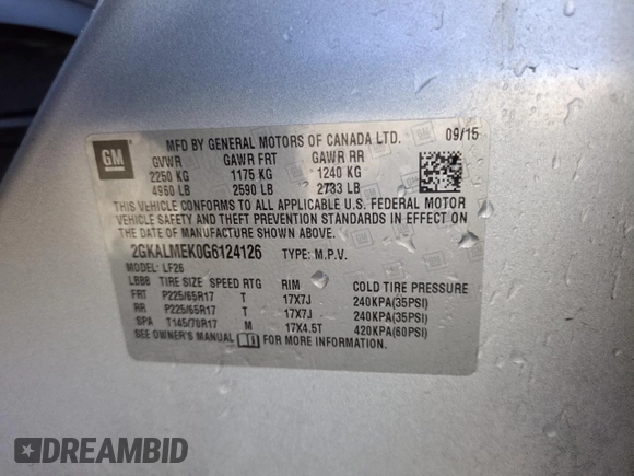2016 GMC Terrain SLE with VIN 2GKALMEK0G6124126, listed as a Copart auction lot 49922645 with 111,311 mi miles and Salvage Title. Bid and sale history available at DreamBid. Image 12.