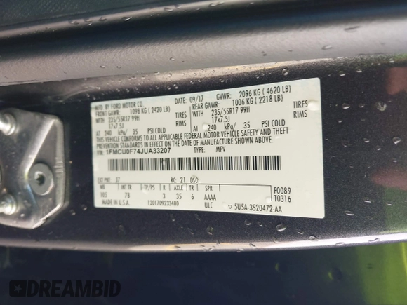 2018 Ford Escape S with VIN 1FMCU0F74JUA33207, listed as a IAAI auction lot 42051496 with 80,130 mi miles. Bid and sale history available at carsss.com. Image 9.