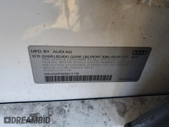 2016 Audi A8 L 4.0T Sport with VIN WAU43AFD9GN012148, listed as a Copart auction lot 86842964 with Not Provided miles and Salvage Title. Bid and sale history available at carsss.com. Image 14.