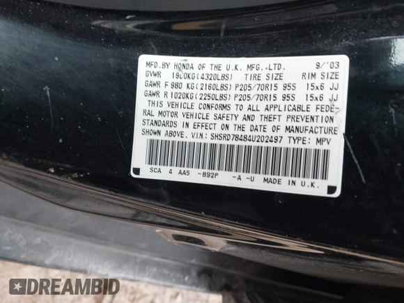 2004 Honda CR-V LX with VIN SHSRD78484U202497, listed as a IAAI auction lot 41658740 with 244,446 mi miles and . Bid and sale history available at carsss.com. Image 9.