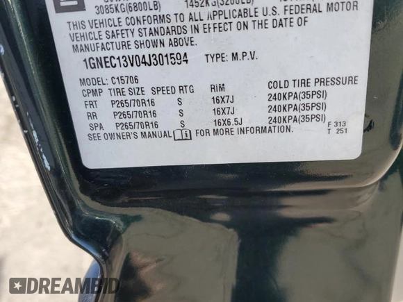 2004 Chevrolet Tahoe LS with VIN 1GNEC13V04J301594, listed as a Copart auction lot 46288965 with 130,617 mi miles and Salvage Title. Bid and sale history available at carsss.com. Image 15.