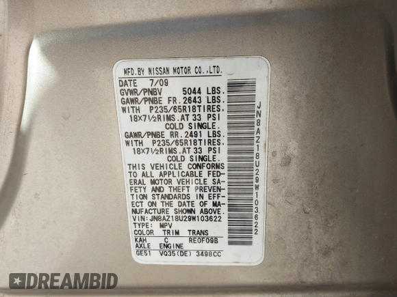 2009 Nissan Murano SL with VIN JN8AZ18U29W103622, listed as a IAAI auction lot 41624719 with 241,724 mi miles and . Bid and sale history available at DreamBid. Image 9.