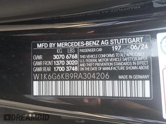 2024 Mercedes-Benz S 580e with VIN W1K6G6KB9RA304206, listed as a Copart auction lot 70650454 with Not Provided miles and Salvage Title. Bid and sale history available at DreamBid. Image 13.