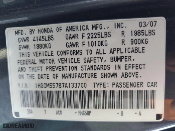 2007 Honda Accord Sdn EX with VIN 1HGCM55787A133700, listed as a Copart auction lot 81360744 with 252,052 mi miles and Clean Title. Bid and sale history available at carsss.com. Image 12.