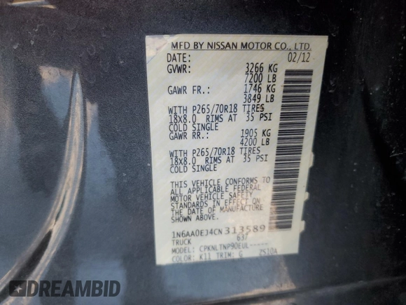 2012 Nissan Titan S with VIN 1N6AA0EJ4CN313589, listed as a Copart auction lot 42149675 with 187,313 mi miles and Salvage Title. Bid and sale history available at carsss.com. Image 12.