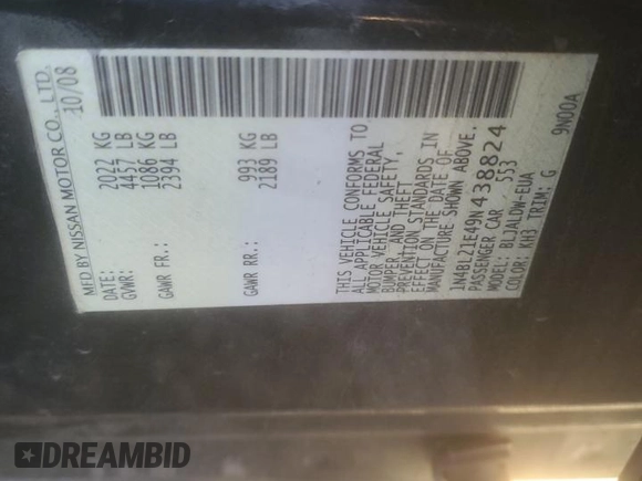 2009 Nissan Altima 3.5 SL with VIN 1N4BL21E49N438824, listed as a Copart auction lot 84120954 with 0 mi miles and Salvage Title. Bid and sale history available at carsss.com. Image 14.