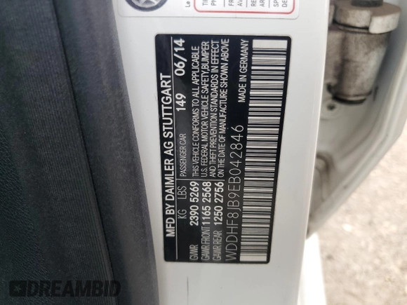 2014 Mercedes-Benz E 350 Luxury with VIN WDDHF8JB9EB042846, listed as a Copart auction lot 59943385 with 124,002 mi miles and Salvage title. Bid and sale history available at DreamBid. Image 12.