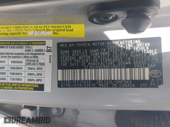 2009 Toyota Matrix z VIN 2T1KU40E89C100754, wystawiony jako IAAI lot #42255027 z przebiegiem 123 769 mil mil oraz . Historia ofert i sprzedaży dostępna na DreamBid. Obrazek 9.