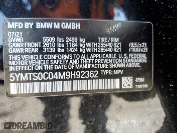 2021 BMW X3 M with VIN 5YMTS0C04M9H92362, listed as a Copart auction lot 55952494 with 18,626 mi miles and Salvage Title. Bid and sale history available at carsss.com. Image 13.